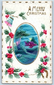 Christmas Postcard Holly Berries Bell House Scene Airbrushed Tomahawk WI 1912