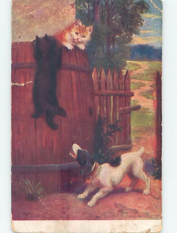 Pre-Linen CUTE DOG BARKING AT KITTEN CAT IN WOODEN BARREL HL6261