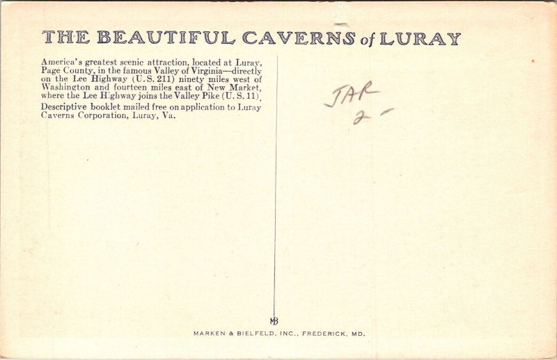 Stebbins Ave Caverns Luray Virginia VA WB Postcard UNP VTG Marken Bielfeld 