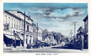 J27/ Ripley Ohio Postcard c1940s Main Street Stores Automobiles 326