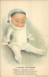 Cute Little Boy Falls Cracks Ice - Ice Skating - Poem FSM c1910 Postcard