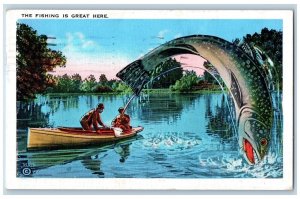 1937 Fishing Is Great Here Exaggerated Fishing Santa Cruz California CA Postcard