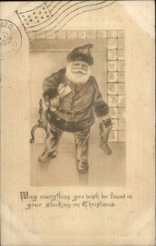 Christmas - Santa Claus at Fireplace b&w 1911 Used Postcard