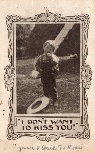 Vintage Postcard 1908 I Don't Want To Kiss You! Portrait Cute Little Boy Artwork