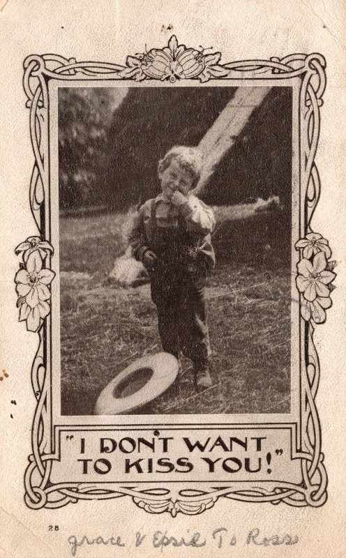 Vintage Postcard 1908 I Don't Want To Kiss You! Portrait Cute Little Boy Artwork