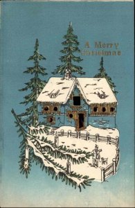 CHRISTMAS Austria Snowy Cabin CELOPHANE WINDOWS Antique Postcard