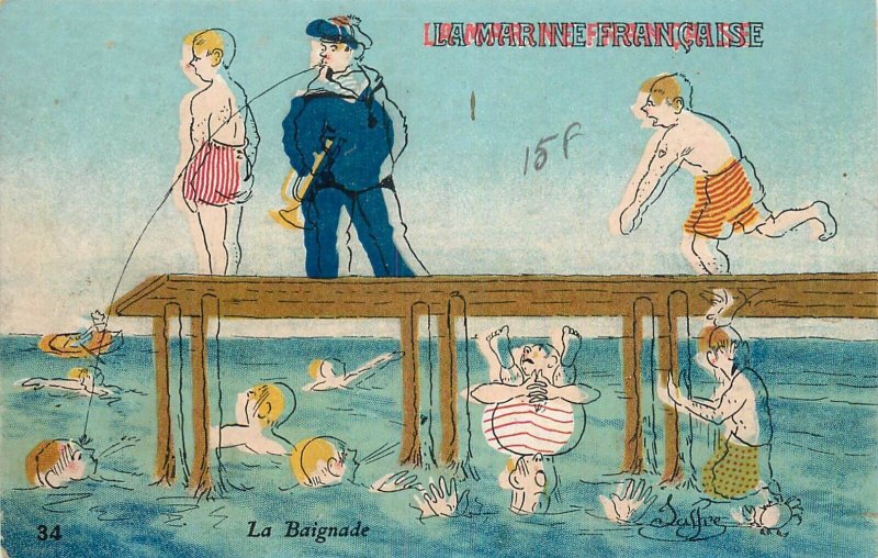 French army military humor comic caricature bathing deck uniform trumphet swim