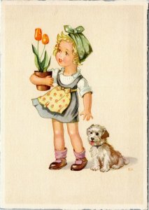 Girl holding flowerpot with dog artist ejo Edition Stehli 2508 Switzerland