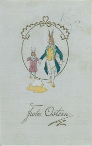 Easter 1911 Austria greetings postcard embossed humanized drawn rabbits fantasy 