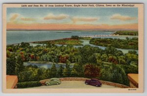 Clinton Iowa Lock and Dam no 13 from Lookout Tower Eagle Point Park Postcard D30