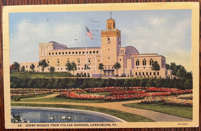 Vintage Postcard 1946 Zembo Mosque (Masonic), Italian Gardens, Harrisburg, PA.