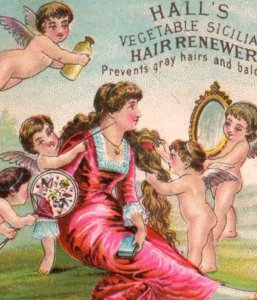 1880s Hall's Vegetable Sicilian Hair Renewer Fantasy Lady & Cherubs Rabbits F104