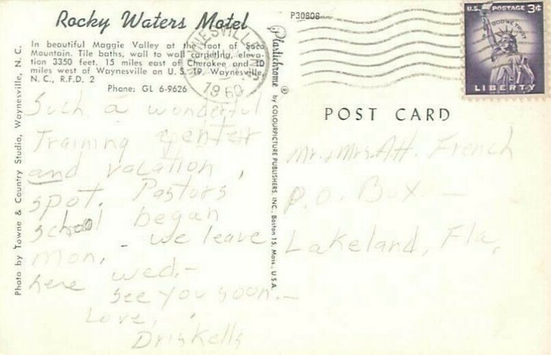 Rocky Waters Motel, 2 Views Waynesville, North Carolina Postcard Postmarked 1960