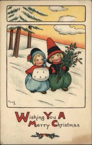 Mary LaFetra Russell Little Girl and Boy in Snow Christmas Vintage Postcard