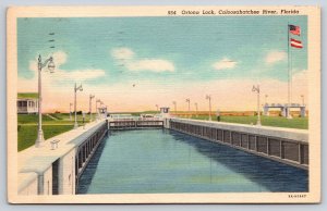 Florida~Caloosahatchee River~Ortona Lock~USA Flag~Lamps~Linen 1939 Postcard