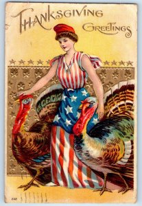 1910 Thanksgiving Greetings Pretty Woman Turkeys Embossed Brooklyn NY Postcard