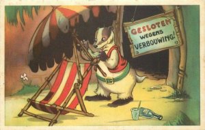 Anthropomorphic Badgers Dressed Animal Sun Bathing Comic Humor Postcard 10430