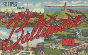 1940's Greetings from Baltimore, Maryland Linen Postcard