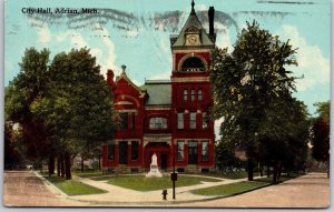 Adrian Michigan MI, 1913 City Hall Bldg, Street Scene, Trees, Vintage Postcard