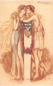 Love Romance Art by Mauzan Bucolic Roman Clothing Couple Roses postcard C329