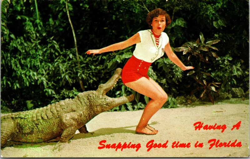 Postcard FL Humor Lady Alligator Having a Snapping Good Time Down In Florida