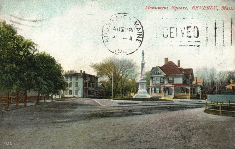 Vintage Postcard 1907 Monument Square Historical Landmark Beverly Massachusetts