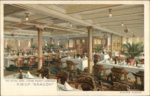 Royal Mail Steam Packet Co Steamship RMSP ARAGON Dining Room c1905 Postcard