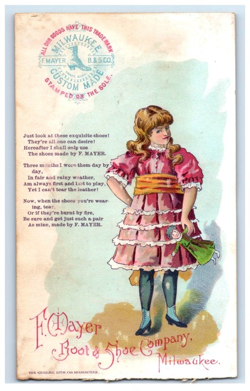 1880s F. Mayer Scarce Shoes Custom Made Cute Girl &Doll Poem #5O