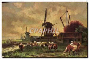 Postcard Old Windmill Cows