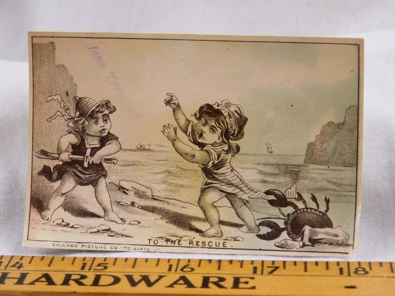 Victorian Trade Card Beach Scene Crab Pinching Girl Friend Rescues Sword F32 