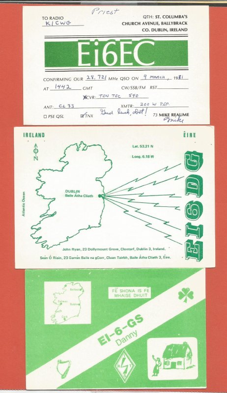 QSL AMATEUR RADIO CARDS – IRELAND – 3 DIFFERENT CARDS – 1981-1988