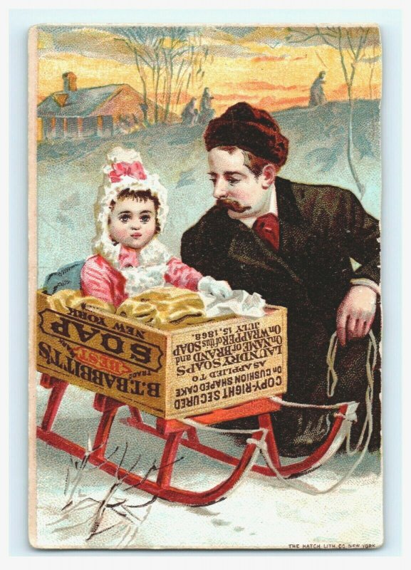 1880s Babbitt's Baby Soap Father & Adorable Baby In Crate Sled Snow P224