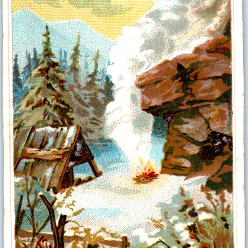 c1890s Nice Litho Artwork of Camp Fire in Winter Trade Card Snow Mountain C35