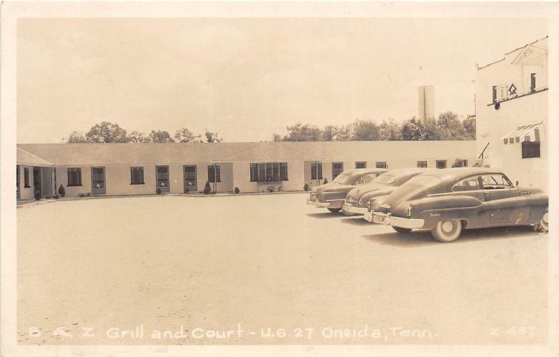 A60/ Oneida Tennessee Tn 1951 RPPC Postcard B&Z Grill and Court Autos Cline