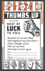 1942 Thumbs Up & The Best Of Luck A Poem W/Lucky Stars Mint