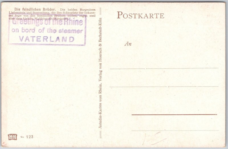 Die Feindlichen Bruder Greetings of the Rhine Steamer Waterland Postcard