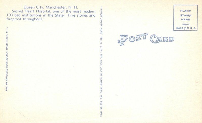 Vintage Postcard 1930's View of Sacred Heart Hospital Manchester New Hampshire