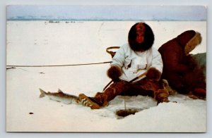 Vintage Alaska Kotzebue Ice Fishing Postcard Inuit Arctic Life 1960s Posted