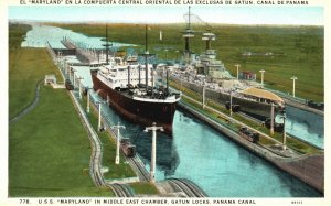 Vintage Postcard 1920s USS Maryland Middle East Chamber Gatun Locks Panama Canal