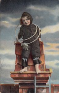 New Year Chimney Sweep Girl on Roof Horn Cleaner Photo Montage postcard C333