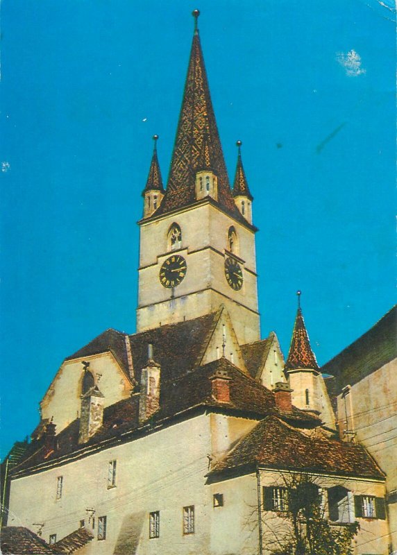 Postcard Romania Sibiu Biserica Evanghelica Turn Ceas