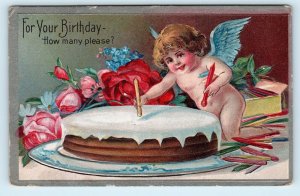 Embossed BIRTHDAY Greeting Postcard c1910s ~ BIRTHDAY CAKE How Many Please?