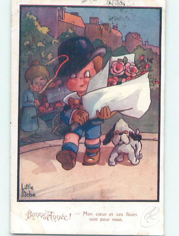 Pre-Linen foreign signed DOG WALKS WITH FRENCH BOY CARRYING ROSE FLOWERS J4901