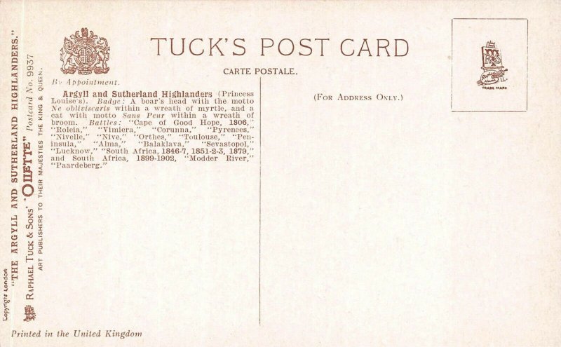 Argyll & Sutherland Highlanders Review Order Harry Payne Tuck Postcard