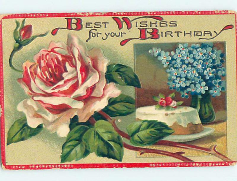 Pre-Linen art nouveau BIRTHDAY CAKE WITH ROSE AND FORGET-ME-NOT FLOWERS HJ3479