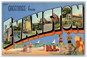 Evanston Illinois Postcard Greetings Multiview Big Letters c1940 Vintage Antique
