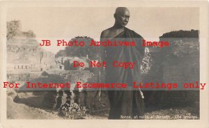 India, Benares, RPPC, Buddhist Monk, Ruins at Sarnath, De Potter Tours NYC Ad