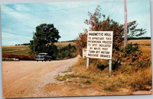 Magnetic Hill, New Brunswick CA Sign Cars Back Uphill Vintage Postcard H15