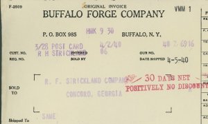 1940 Buffalo Forge Company Buffalo NY Steel Bushing R.F. Strickland Invoice 311 