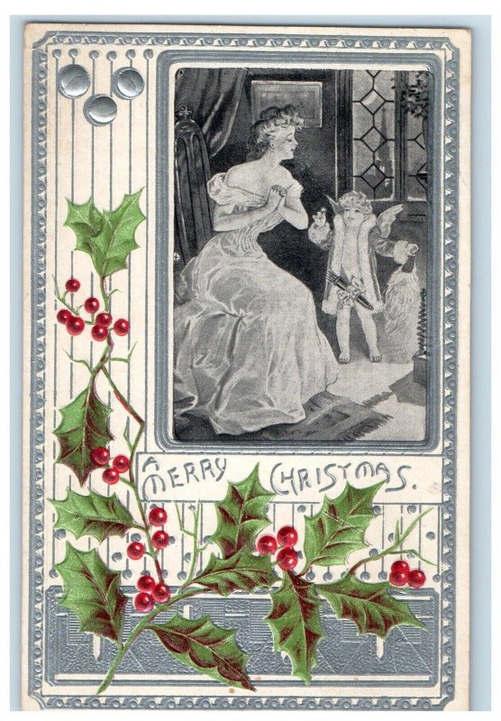c1910's Merry Christmas Victorian Girl Cupid Holly Berries Antique Postcard